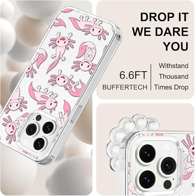 MOSNOVO Case for iPhone 13 Pro, [Buffertech 6.6ft Military-Grade Drop Protection] [Anti Peel Off Tech] Clear TPU Bumper Phone Case Cover Design - Pink Axolotl