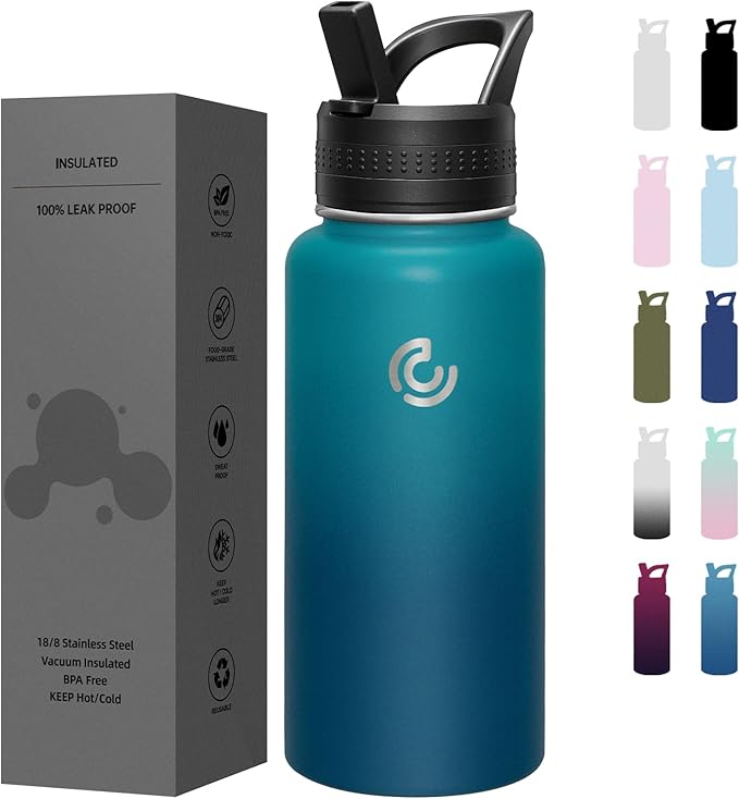 COKTIK 32oz Sports Water Bottle, Stainless Steel Water Bottle for Insulated, Reusable Travel Bottle, With Straw, With Handle Grip for Easy Carrying, Suitable for Cycling, Outdoor Vacations(Dark Night)