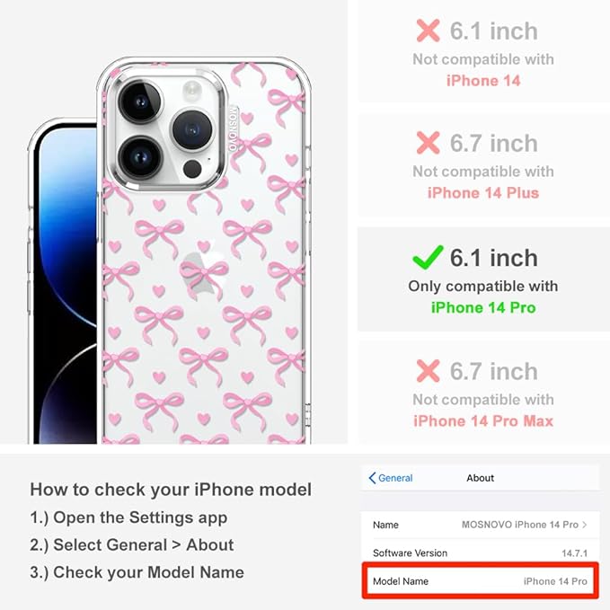MOSNOVO Case for iPhone 14 Pro, [Buffertech 6.6ft Military-Grade Drop Protection] [Anti Peel Off Tech] Clear TPU Bumper Phone Case Cover Design - Bowtiful Love