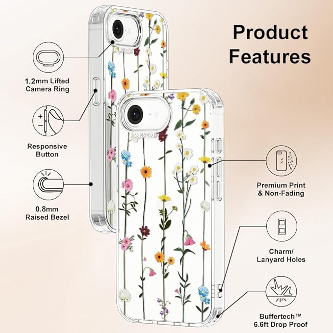 MOSNOVO for iPhone 17e Case/iPhone 16e Case, Shockproof Military-Grade Protection 6.6ft Drop Tested, Clear Phone Case for iPhone 16e / iPhone 17e, Wildflowers Design