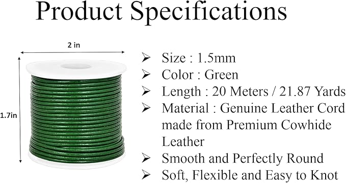 GENIQUE Real/Genuine Round Leather String Cord for Necklace, Bracelets, Jewelry, Kumihimo Braiding, DIY Projects (20 Metres) (1.5mm, Green)