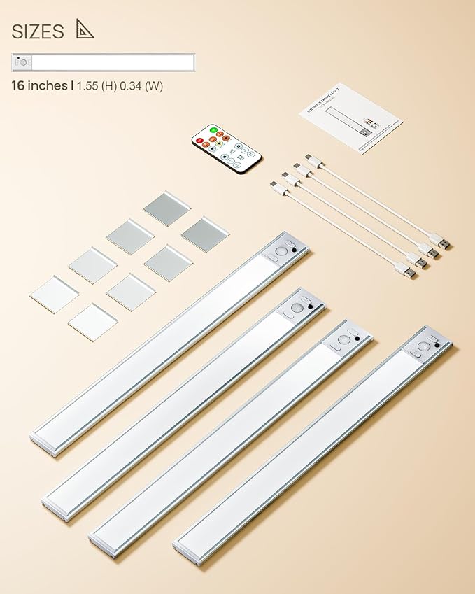 Under Cabinet Lighting Wireless, 16 inch LED Motion Sensor Light Indoor, Rechargeable Closet Lights with Remote, 3 Color Temps, Dimmable, Magnetic Under Counter Lights for Kitchen, Stairs, 4 Pack