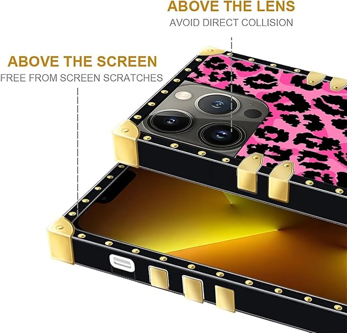 Compatible with iPhone 13 Pro Max Case, Pink Black Leopard Luxury Golden Decoration for Girl Women Soft TPU Shockproof Protective Hard PC Back for iPhone 13 Pro Max
