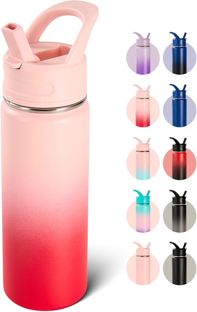 Fijinhom 18oz Insulated Stainless Steel Water Bottle with Straws, Double Wall Vacuum Insulated Bottles, Metal Thermo for Travel, Sports, Leak-Proof, BPA Free, Women & Men, Pink Gradient