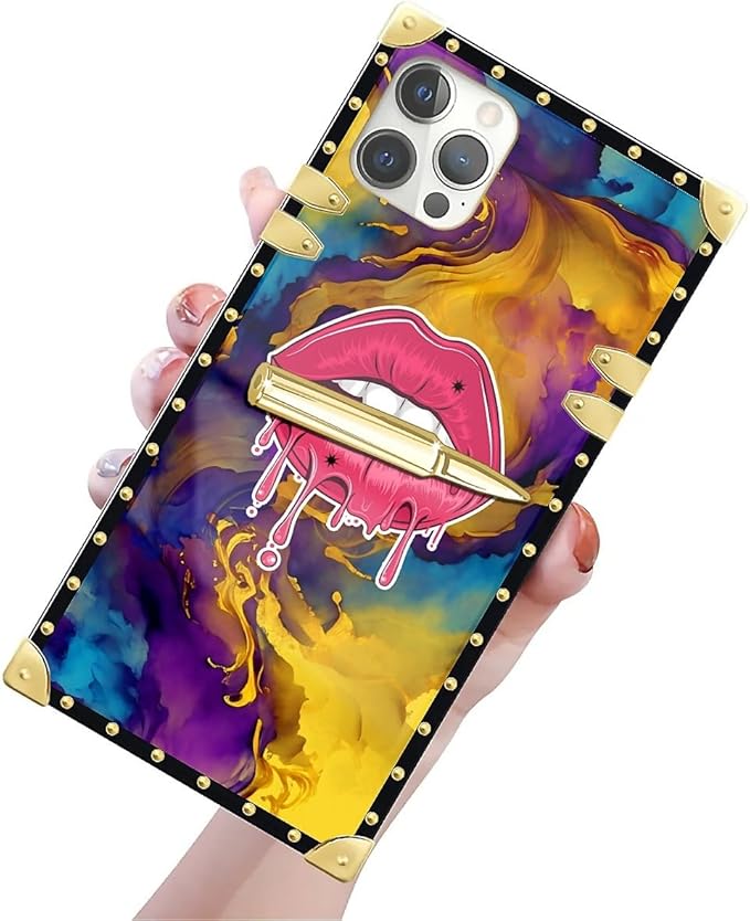 Compatible with iPhone 12 Pro Max Case, Cool Corlorful Lip Marble Luxury Golden Decoration for Girl Women Soft TPU Shockproof Protective Hard PC Back for iPhone 12 Pro Max