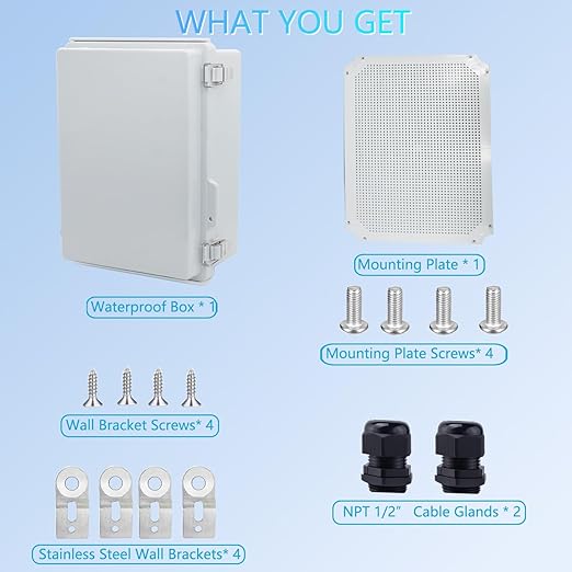 IP67 Waterproof Junction Box, ABS Plastic Electrical Enclosure with Stainless Steel Latch, Hinged Cover Electric Box with Mounting Plate, Wall Brackets & Cable Glands 400x300x180mm