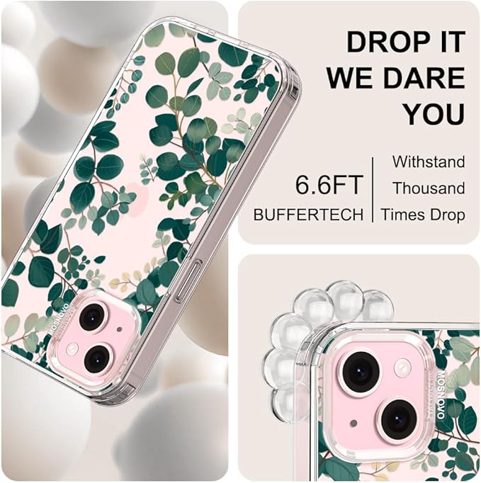 MOSNOVO Case for iPhone 15 Plus/iPhone 14 Plus, [Buffertech 6.6ft Military-Grade Drop Protection] [Anti Peel Off Tech] Clear TPU Bumper Phone Case Cover Design - Eucalyptus