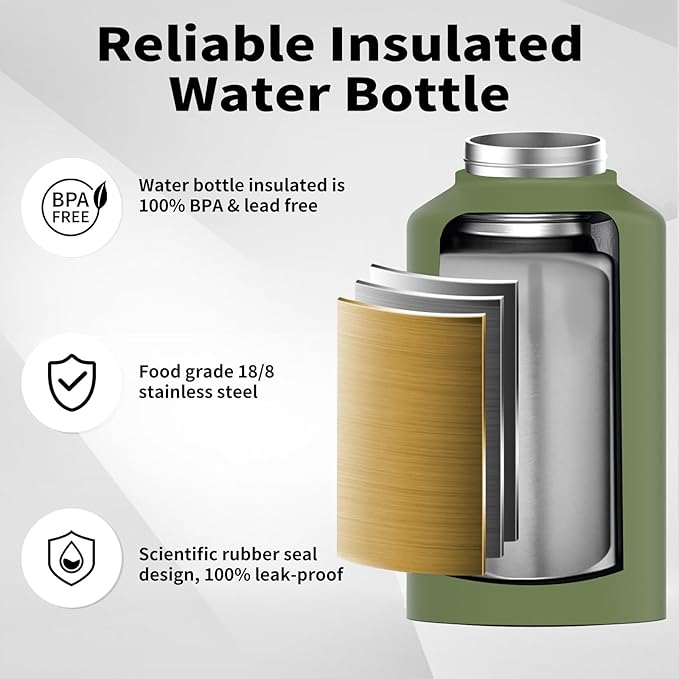 WATERSY 2/3 Gallon Water Bottle Insulated(Cold for 48 Hrs),BPA Free&Leak Proof,87oz Stainless Steel Water Jug/Flask,Big thermo,Large Water Bottle with Handle for Gym,Hiking,Camping,Olive Green