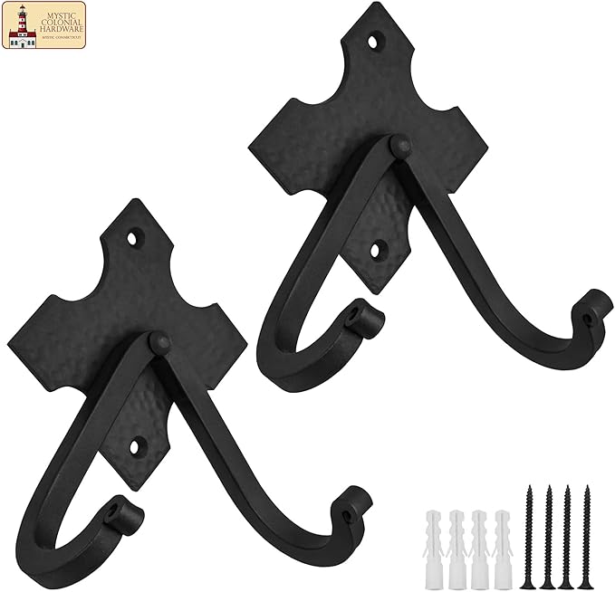 Mystic Colonial Rustic Cast Iron Wall Hooks, Heavy Duty Retro Utility Hooks for Hanging Coat, Bag, Towel, Robe, Hat and More, Mounting Hardware Included, Pack of 2, Black