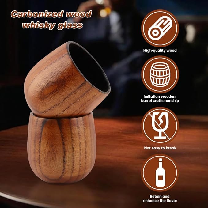 Charred Wooden Bourbon Drinking Glass, 2pcs Handcrafted Charred Wooden Whiskey Cup, Birthday Gifts for Dad Husband Boyfriend or Brother