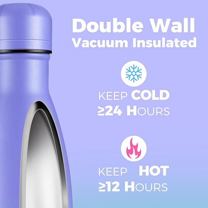 Volhoply 17oz Insulated Stainless Steel Water Bottle, Double Wall Vacuum Flask, Keeps Cold 24h & Hot 12h, Available in Packs of 1, 4, or 8（Purple Blue,1 Pack）