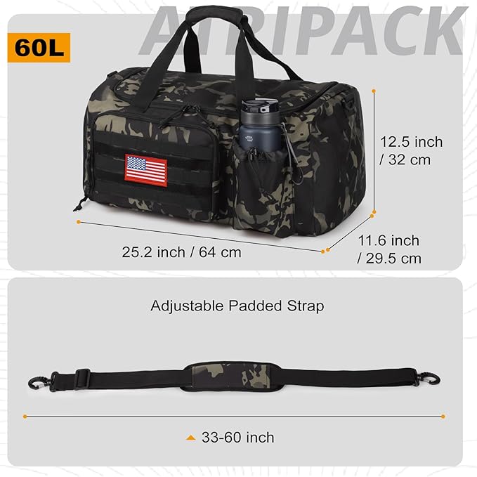 Tactical Gym Bag for Men, 60L Large Capacity Duffle Bags with Shoes Compartment, Sports Bag with wet compartment, Multi-functional Weekend Bags Suitable for Travel, Camping,hiking