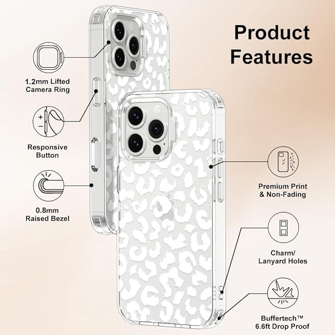 MOSNOVO Case for iPhone 16 Pro Max, [Buffertech 6.6ft Military-Grade Drop Protection] [Anti Peel Off Tech] Clear TPU Bumper Phone Case Cover Design - White Leopard Print