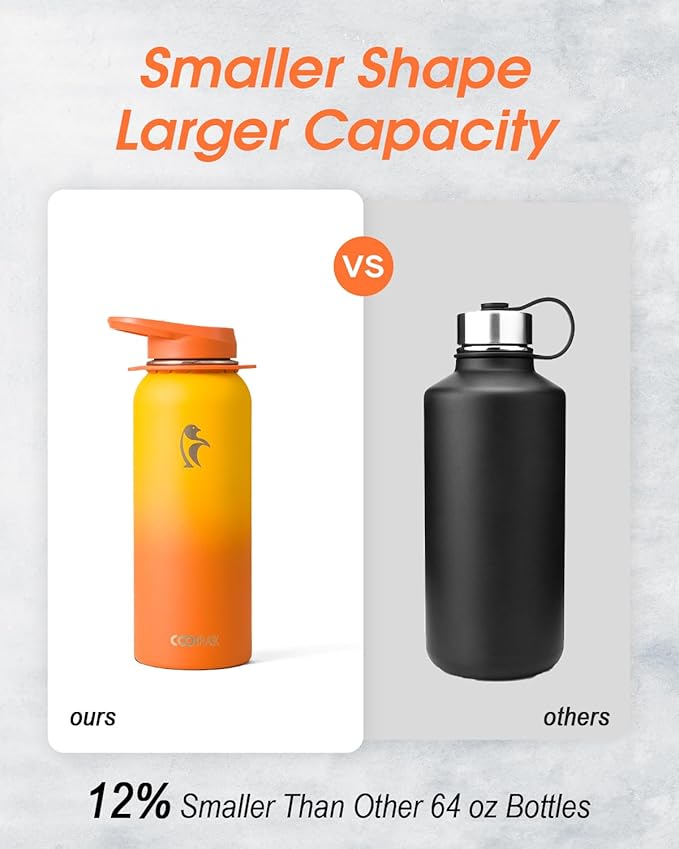 Coolflask Water Bottle with Straw, 40 oz Insulated Metal Water Flask with Straw & Spout Lids, Stainless Steel Double Wall Vacuum, Keep Cold 48h Hot 24h, Leak Proof, BPA-Free, Yellow/Orange