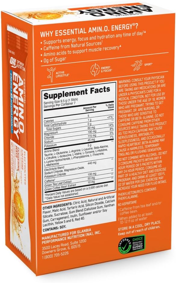 Optimum Nutrition Essential Amino Energy Plus Electrolytes Stick Packs, Energy Powder, Tangerine Wave, 7 Count