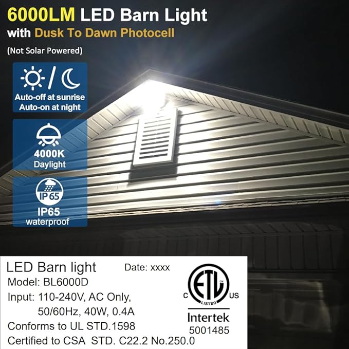 Owleye 6000LM Dusk to Dawn Outdoor Lighting LED Barn Light Security Lights, 42W 4000K Daylight, AC 110-240V, ETL Listed, Waterproof Outside Lights for Yard Warehouse Garage