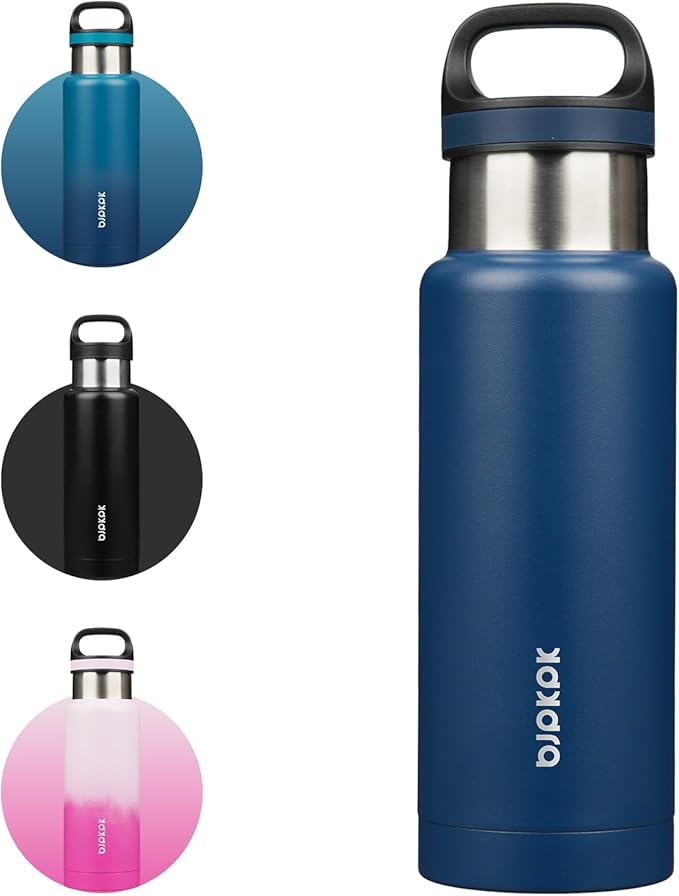 BJPKPK Insulated Water Bottle 18OZ Stainless Steel Water Bottle with Handle Double Walls Vacuum Insulated BPA Free Flask, Dark Blue