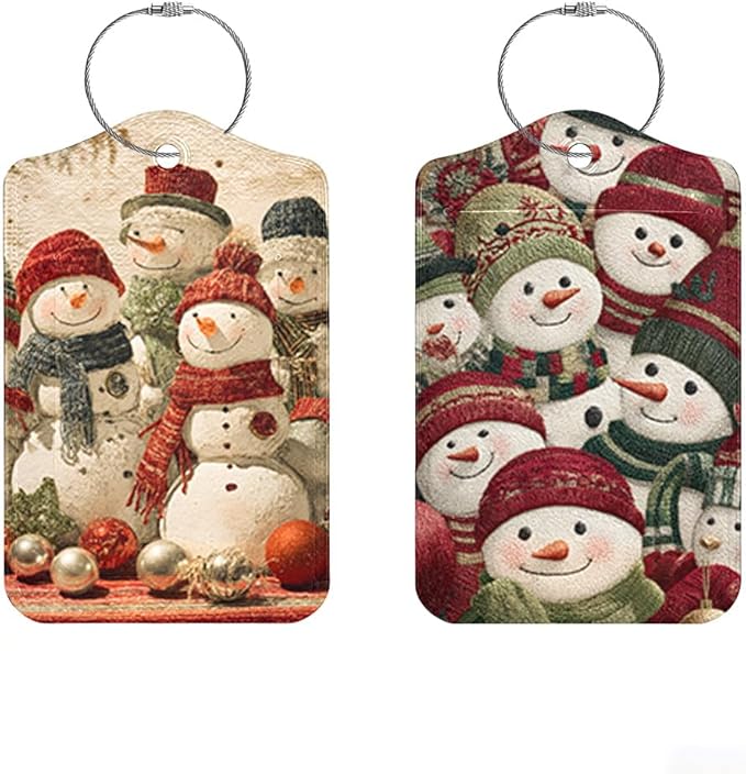 2 Pack Cute Snowman Luggage Tags for Suitcases, Festive Winter Wonder ID Tags with Privacy Cover, PU Leather Bag Identifiers, Spring Ski Trip & Summer Vacation Gift, Mother's Day, 2 Styles