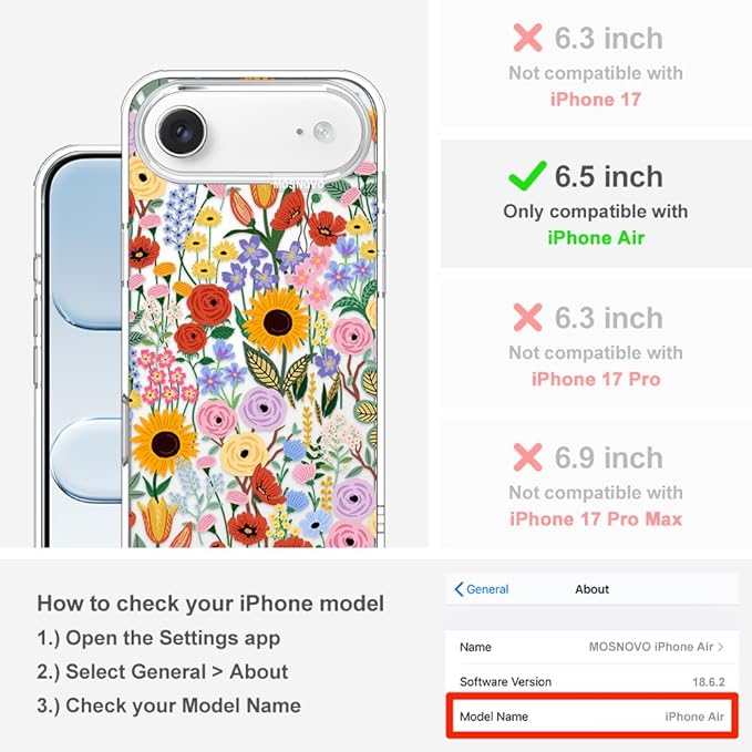 MOSNOVO for iPhone Air Case | Military Grade 6.6ft Drop Tested | Camera Control | Clear with Blossom & Bloom Design