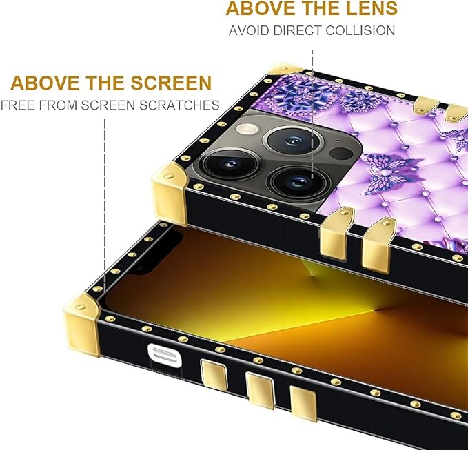 Compatible with iPhone 13 Pro Max Case, Purple Butterfly Flowers Leaf Luxury Golden Decoration for Girl Women Soft TPU Shockproof Protective Hard PC Back for iPhone 13 Pro Max