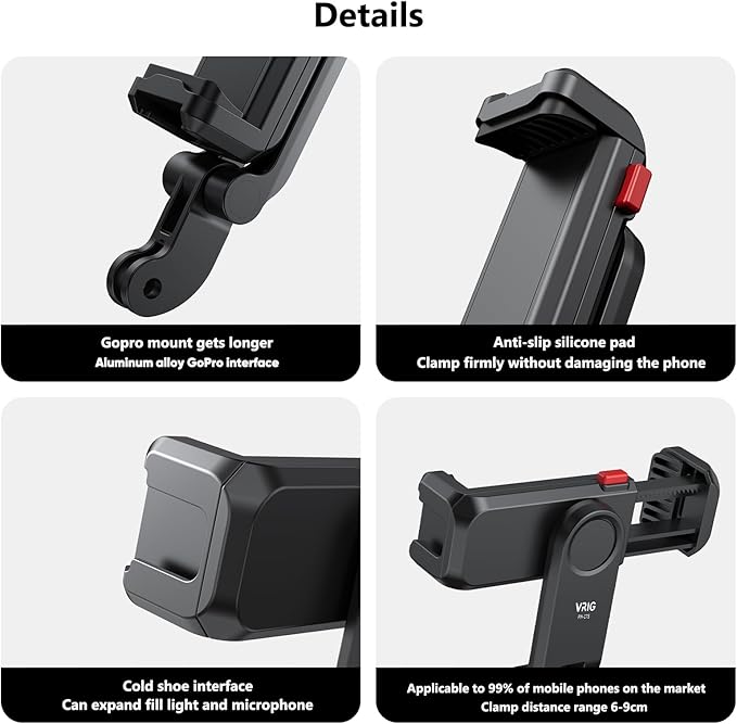 VRIG Phone Holder/Hot Shoe Mount Adapter Kit Compatible with Action Camera GoPro Hero 11 10 9 8 7 6 5, DJI OSMO Action/Action 2, iPhone13 Pro Max, Samsung, Attaching on DSLR Camera or Ring Light