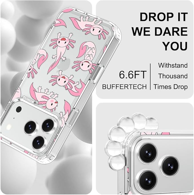 MOSNOVO for iPhone 17 Pro Case | Military Grade 6.6ft Drop Tested | Camera Control | Clear with Pink Axolotl Design