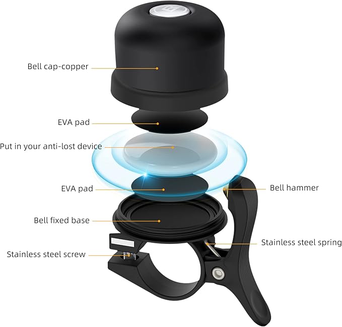 ROCKBROS Bike Bell for Apple AirTag Hidden Bike Mount Bike AirTag Holder GPS Tracker Bike Bell Anti-Theft for Adults Suitable for 0.87''/22.2, 1''/25.4, 1.25''/31.8mm Diameter Handlebar