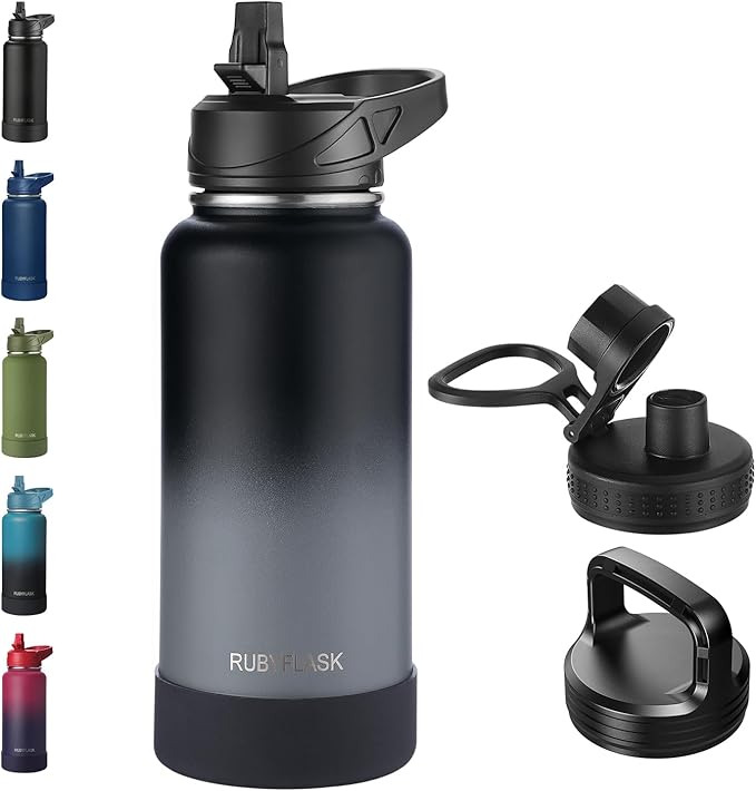 RUBYFLASK 32oz Insulated Water Bottle with Straw, Stainless Steel Metal Vacuum Water Flask, Large Thermal Water bottle with Leakproof 3 Lids for Travel, Camping, Gym Sports Black Gray