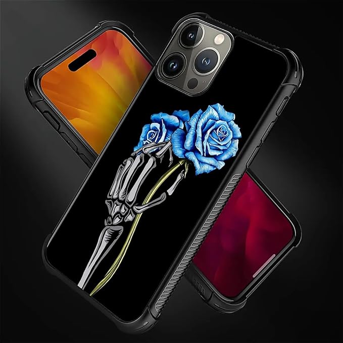 for iPhone 16 Pro Case, Skeleton Holding Blue Rose Pattern Graphic Design Girl Boy Soft Silicone Hard Acrylic Shock Protection for iPhone 16 Pro