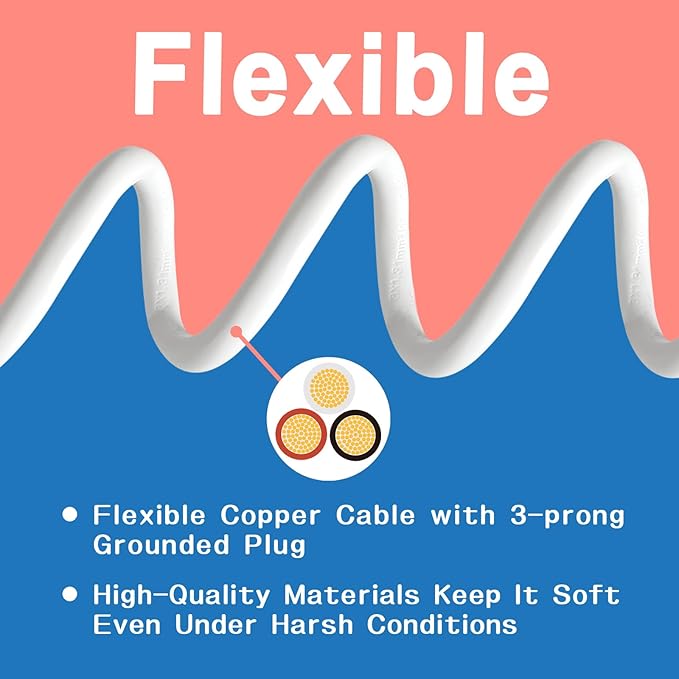 Indoor Outdoor Extension Cord 20 FT, 16/3 SJTW Weatherproof White Electrical Cords, 13 AMP Heavy Duty 3 Prong Power Cable Great for Garden, Landscaping & Holiday Decorations