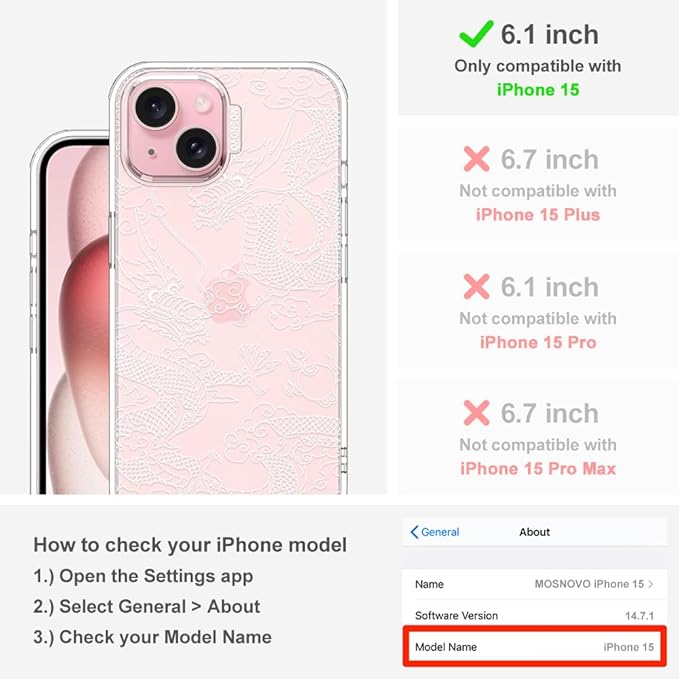 MOSNOVO Case for iPhone 15, [Buffertech 6.6ft Military-Grade Drop Protection] [Anti Peel Off Tech] Clear TPU Bumper Phone Case Cover Design - White Dragon