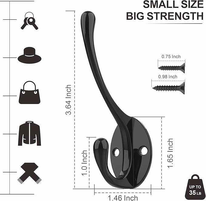 Heavy-Duty Metal Coat Hooks for Wall, 10-Pack Black Wall Mounted Hooks with 20 Screws, Double Robe Hooks for Coat, Hat, Robe, Towel, Entryway, Bathroom, Kitchen