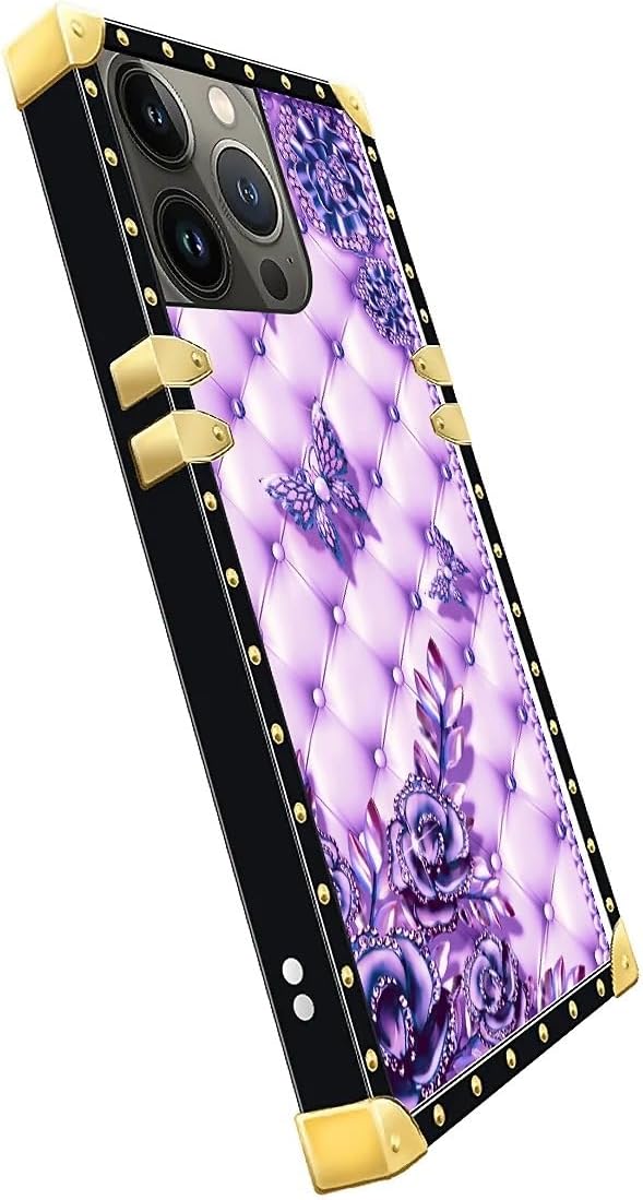 Compatible with iPhone 14 Pro Case, Purple Butterfly Flowers Leaf Luxury Golden Decoration for Girl Women Soft TPU Shockproof Protective Hard PC Back for iPhone 14 Pro