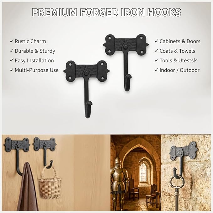 "Mystic Colonial Medieval Hand-Forged Iron Wall Hooks Set of 2 (4 in x 5 in) Rustic Coat Hooks | Heavy Duty Black Antique Hangers with Mounting Hardware | Vintage Wall Hooks for Bags, Towels & Keys"