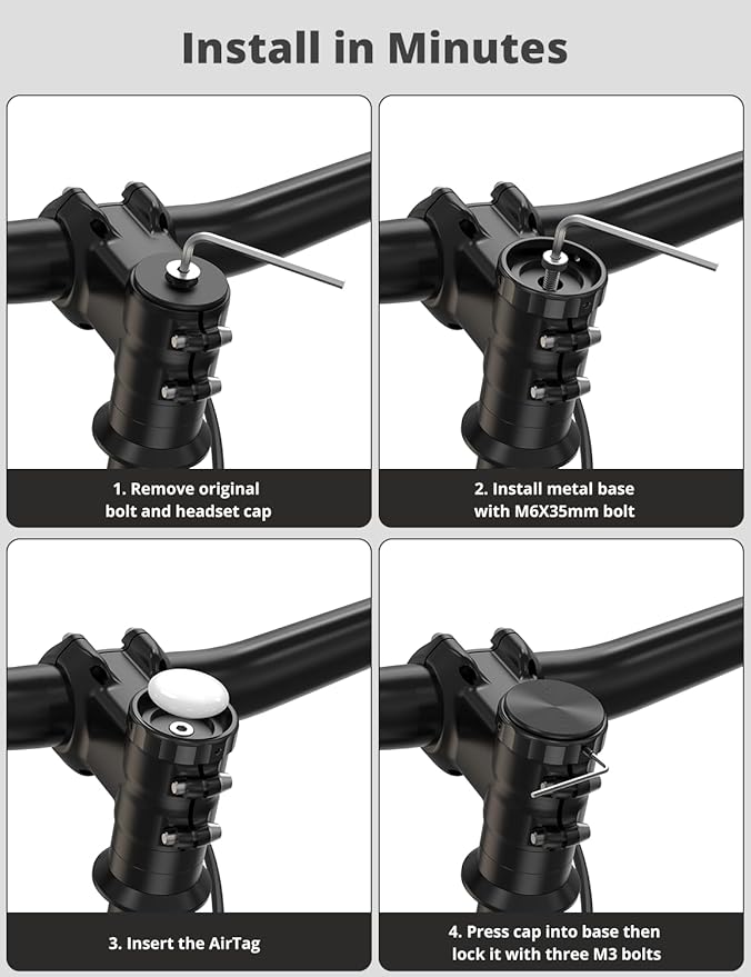 SUPMEGA Bike Mount for AirTag (Gen 1 & 2), Hidden Bicycle Stem Cap Mount for AirTag, Anti-Theft Bike GPS Tracker Accessory Waterproof Holder for Bicycles with Headset Cap Size of 1-1/8" & 1-1/4"