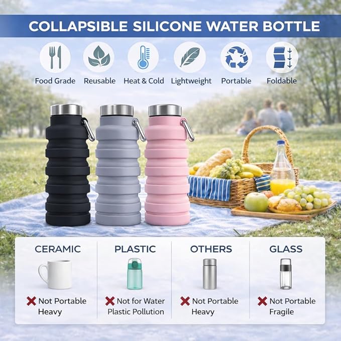 Collapsible Water Bottles,16oz Capacity Portable Reusable Silicone Water Bottle,Leak-proof,with buckle,foldable storage,Lightweight Durable for Fitness,Cycling,Sports,Camping,Hiking (Green+Green)