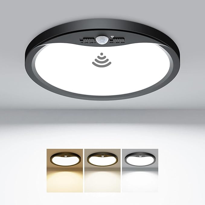 hepside Motion Sensor Ceiling Light Wired, 3000K/4000K/6500K LED Flush Mount Ceiling Light Fixture, 8.7Inch 18W Motion Sensor Light with Timer for Closet Stair Porch Hallway Pantry,Black