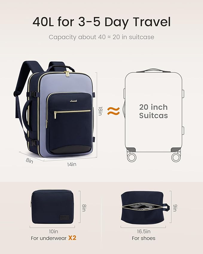 LOVEVOOK 40L Travel Backpack for Women & Men, Airline Approved Carry On Luggage with 3 Packing Cubes, TSA Overnight Bags, Waterproof Personal Item Bag, Weekender Essentials Backpacks fits 17" Laptop