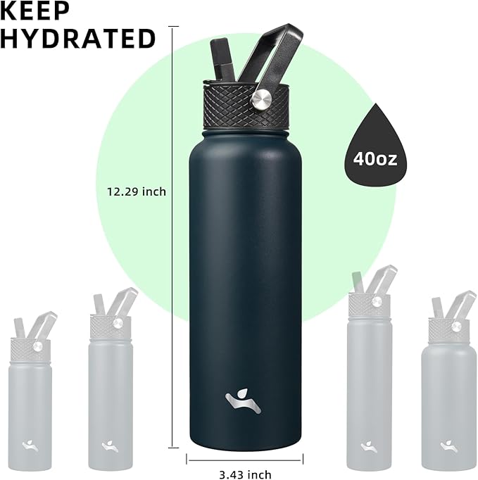 Konokyo 40oz Insulated Water Bottle Stainless Steel Sport Bottles with 3 Lids,Navy Blue