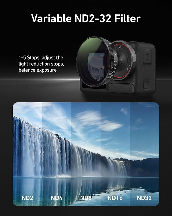 TELESIN Filters Set for DJI Osmo Action 5 Pro / 4/3, VND 2-32 Variable ND Filter, CPL Polarizer & UV Lens Filter Kit, Snap-On HD Optical Glass Filters for Vlogging, Travel & Action Camera Video