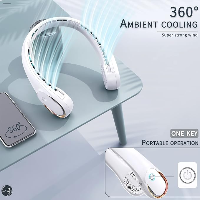 ASNUG Portable Neck Fan, Bladeless Neck Fan, USB Rechargeable Personal Fan, 4000 mAh Battery Operated Fan, 3 Speeds Adjustable,Faster Cooling, Ultra Quiet, Suitable for Home, Office, Sports
