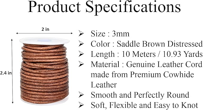 GENIQUE Real/Genuine Round Leather String Cord for Necklace, Bracelets, Jewellery, Braiding (3mm, Saddle Brown Distressed)