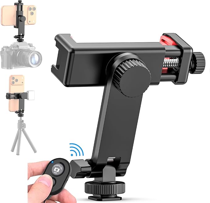 Ruittos Phone Tripod Mount with Remote Controller, New Universal Smartphone Mount Adapter with Cold Shoe, 360° Rotates Cell Phone Clip Clamp Holder, Compatible with iPhone, Samsung and All Phones