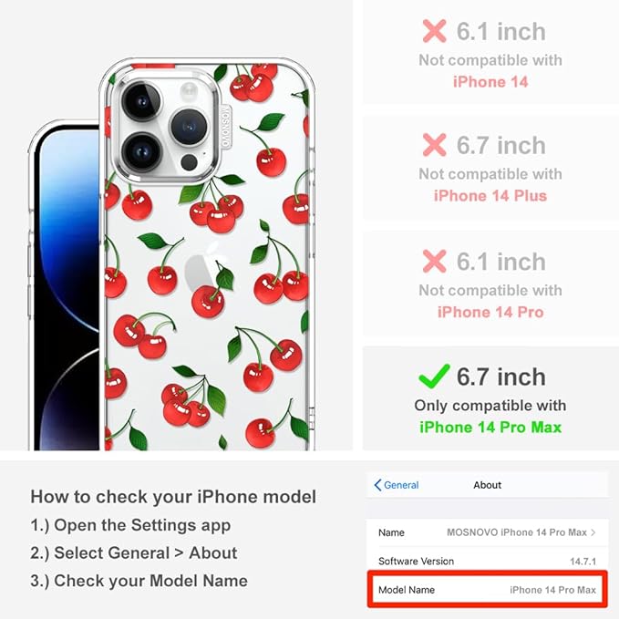 MOSNOVO Case for iPhone 14 Pro Max, [Buffertech 6.6ft Military-Grade Drop Protection] [Anti Peel Off Tech] Clear TPU Bumper Phone Case Cover Design - Cute Cherry
