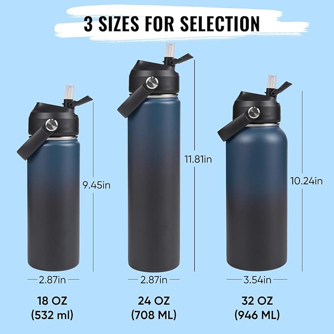 Fijinhom 32oz Insulated Stainless Steel Water Bottle, Wide Mouth Double Wall Vacuum, Silicone Straw, Sweat & Leak Proof, BPA Free Insulated Water Flask for Travel, Keep Cold 24h Hot 12h, Blue