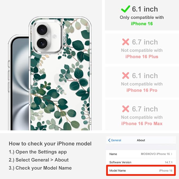 MOSNOVO Case for iPhone 16 Plus, [Buffertech 6.6ft Military-Grade Drop Protection] [Anti Peel Off Tech] Clear TPU Bumper Phone Case Cover Design - Eucalyptus