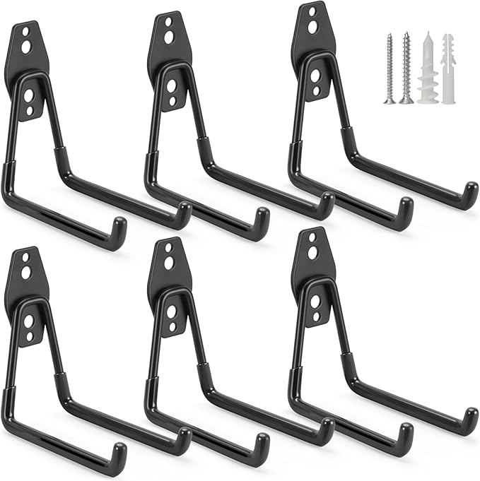 6 Pack Garage Hooks Heavy Duty Storage Organizer Wall Mount Power and Garden Tool Hangers, for Hanging Ladders, Ropes, Hose, Bulk Items