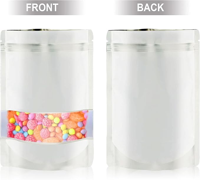 3.5"x5" 120pcs Mylar Bags for Food Storage,Smell Proof Bag with Matte Window Resealable Food Storage Bags for Small Business, Stand-up Foil Pouch Packaging Freeze Dried Candy Bag(White)