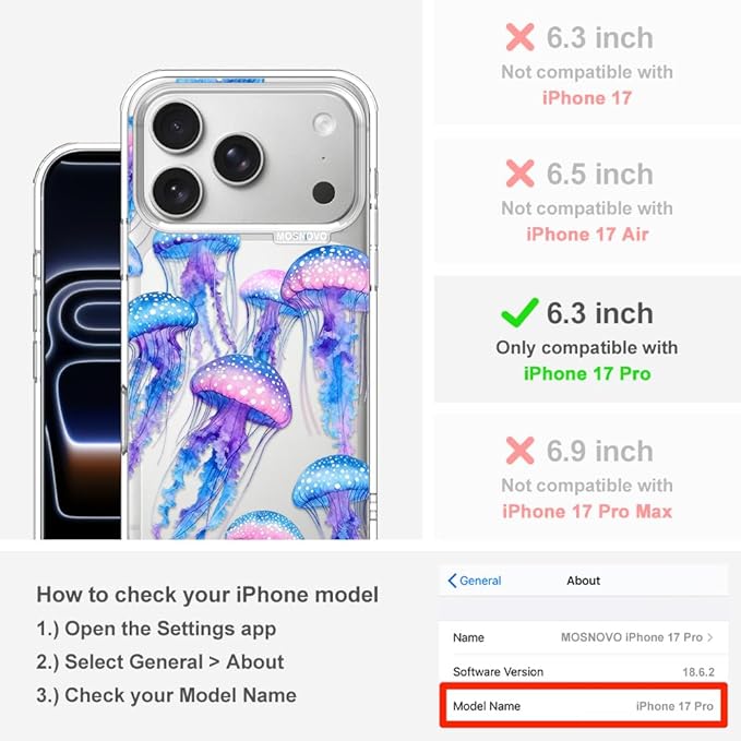 MOSNOVO for iPhone 17 Pro Case, Shockproof Military-Grade Protection 6.6ft Drop Tested, Camera Control, Clear Phone Case for iPhone 17 Pro, Mystic Jellyfish Design