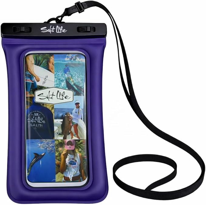 Salt Life Floating Waterproof Phone Case– IPX8 100% Waterproof Phone Case that Floats in Water, Universal Phone Dry Bag with Touchscreen Clear Window, Secure Seal Closure & Lanyard (Purple)
